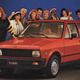 a 1980s print advertisement for Yugo, showing a red compact hatchback parked in a photo studio surrounded by 13 people all raising fists or thumbs and looking enthusiastic about the Yugo